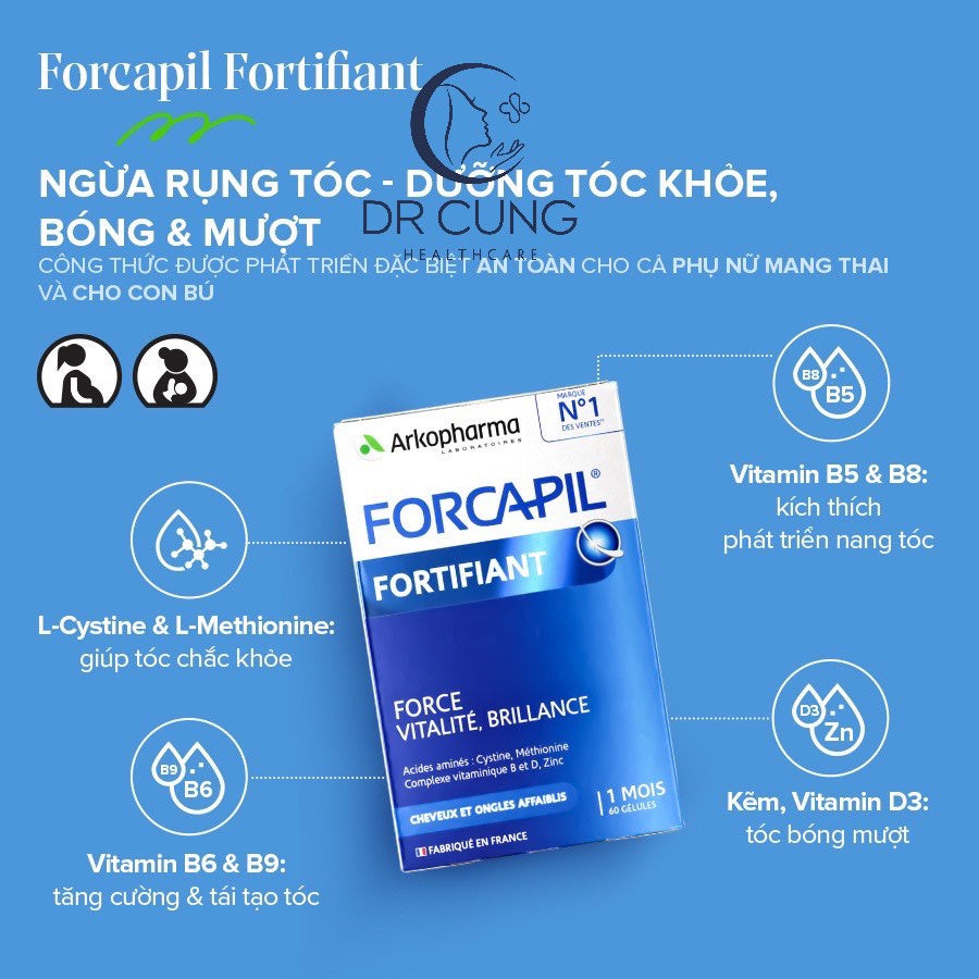 Bác Sĩ Cung Viên Uống Giảm Rụng Tóc FORCAPIL FORTIFIANT Arkopharma - Giúp Mọc Tóc, Rụng Tóc Sau Sinh, Kẽm (60V)