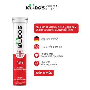 02 Boxes - Viên sủi vitamin tổng hợp và Nhân sâm + Biotin KUDOS DAILY giúp khỏe đẹp mỗi ngày hương Cam (20 viên/ Tuýp)