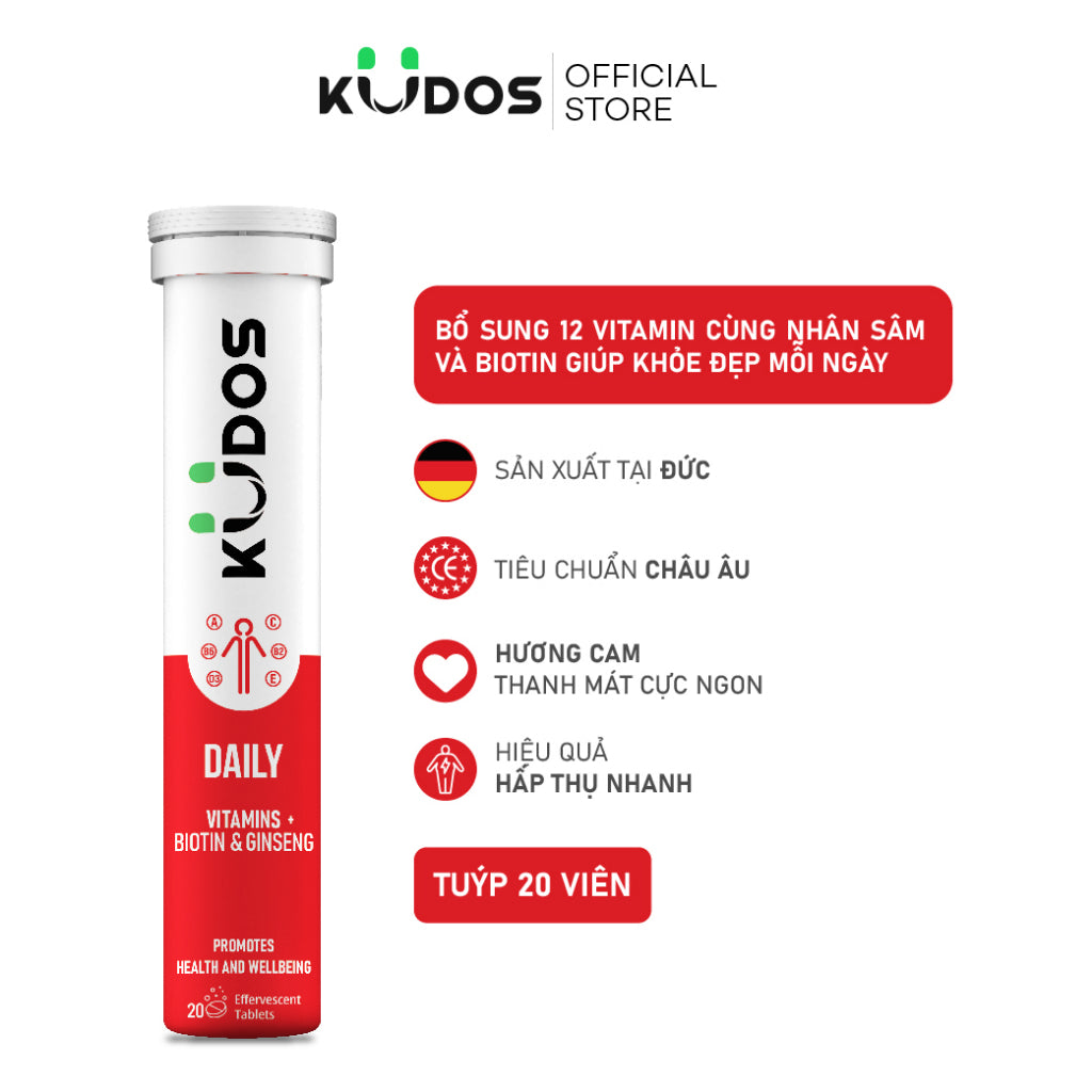 02 Boxes - Viên sủi vitamin tổng hợp và Nhân sâm + Biotin KUDOS DAILY giúp khỏe đẹp mỗi ngày hương Cam (20 viên/ Tuýp)