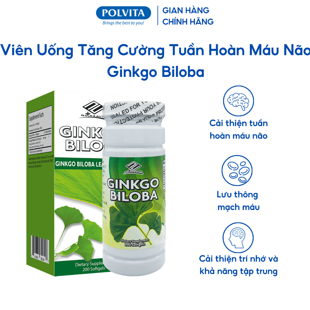 Viên uống bổ não, bổ mắt GINKGO BILOBA (NU-HEALTH giúp cải thiện trí nhớ, tăng cường tuần hoàn máu (lọ 60 viên)
