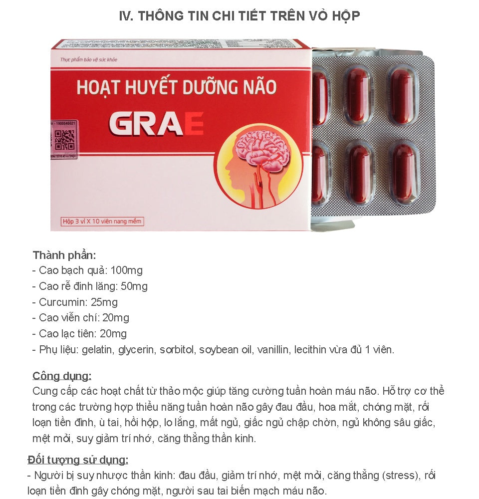 02 Boxs - Hỗ trợ điều trị các bệnh thiểu năng tuần hoàn não gây đau đầu, hoa mắt, chóng mặt, rối loạn tiền đình, mất ngủ, giấc ngủ chập chờn, suy giảm trí nhớ. Hoạt huyết dưỡng não GRAE, hộp 30 viên (hộp màu đỏ)