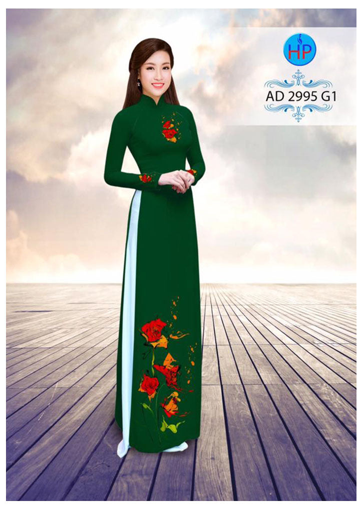 1 Set - Ao Dai - Traditional Vietnamese Long Dress Collections with Pants - Silk 3D - All Size - Hoa Cuc