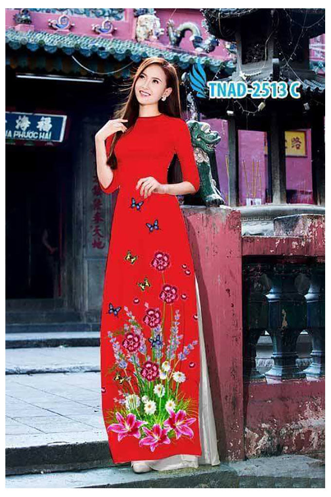 1 Set - Ao Dai - Traditional Vietnamese Long Dress Collections with Pants - Silk 3D - All Size - Hoa Cuc