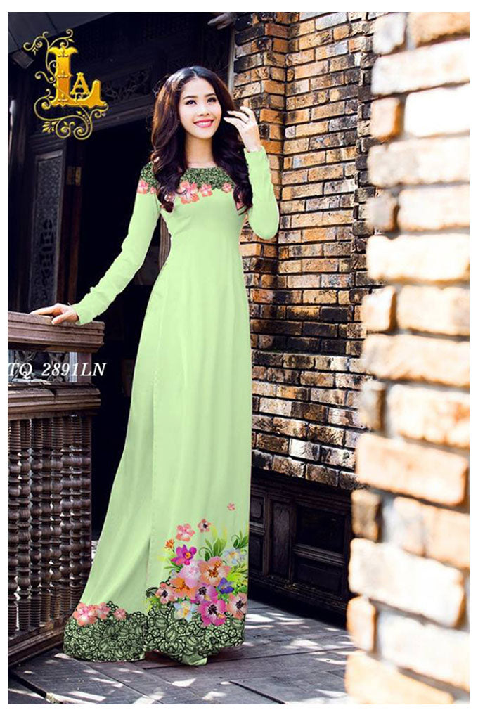 1 Set - Ao Dai - Traditional Vietnamese Long Dress Collections with Pants - Silk 3D - All Size - Hoa Cuc