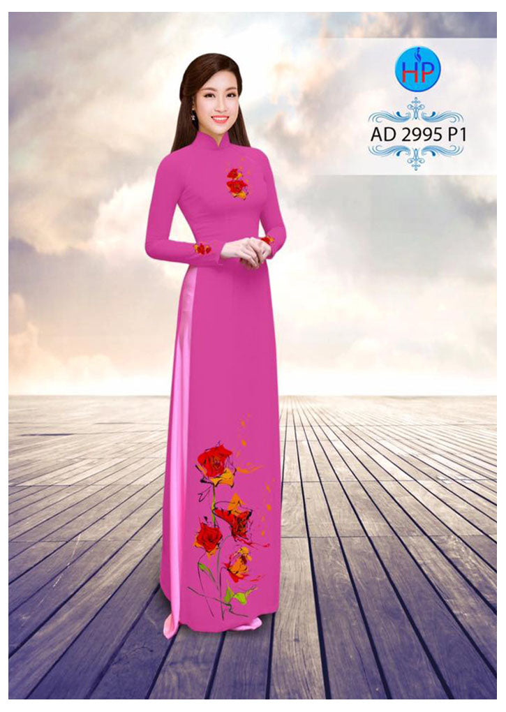 1 Set - Ao Dai - Traditional Vietnamese Long Dress Collections with Pants - Silk 3D - All Size - Hoa Cuc