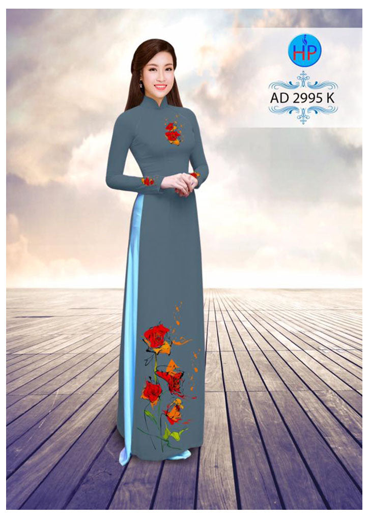 1 Set - Ao Dai - Traditional Vietnamese Long Dress Collections with Pants - Silk 3D - All Size - Hoa Cuc