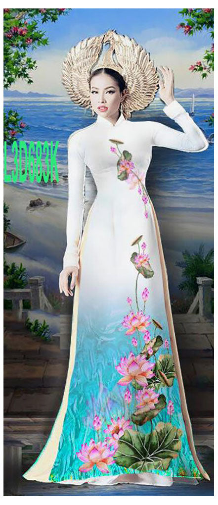 1 Set - Ao Dai - Traditional Vietnamese Long Dress Collections with Pants - Silk 3D - All Size - Hoa Cuc