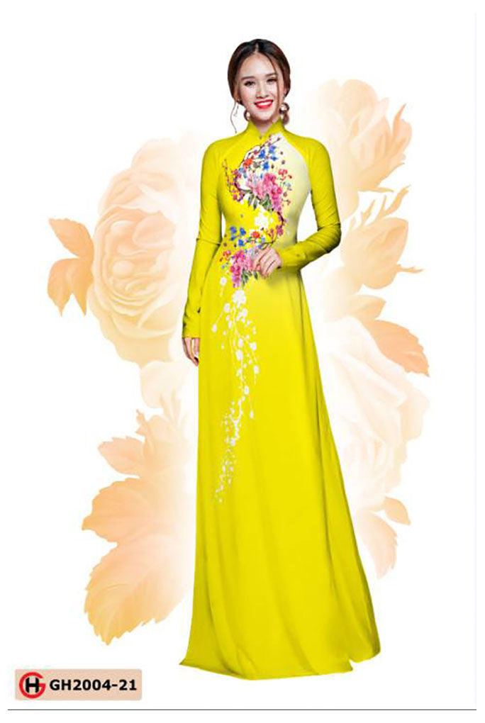 1 Set - Ao Dai - Traditional Vietnamese Long Dress Collections with Pants - Silk 3D - All Size - Hoa Cuc
