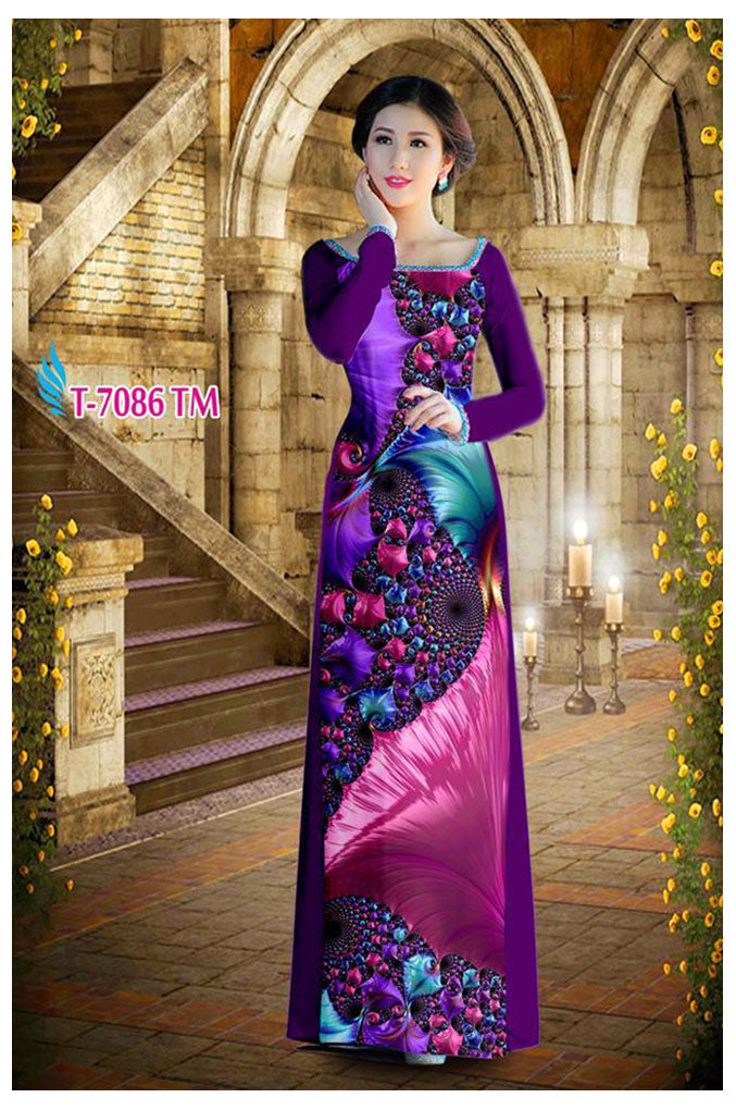 1 Set - Ao Dai - Traditional Vietnamese Long Dress Collections with Pants - Silk 3D - All Size - Hoa Cuc