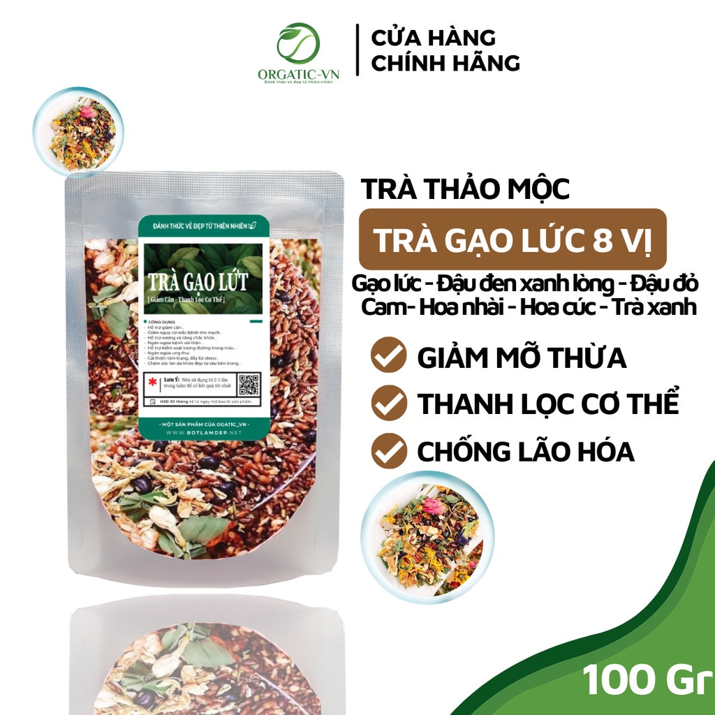 02 Boxs -*50Gram/ pack -  Trà gạo lứt thảo mộc 8 vị, Gạo lứt, đậu đen xanh lòng, đậu đỏ, cam, bông nhài, hoa cúc, chè xanh - giảm cân thanh lọc cơ